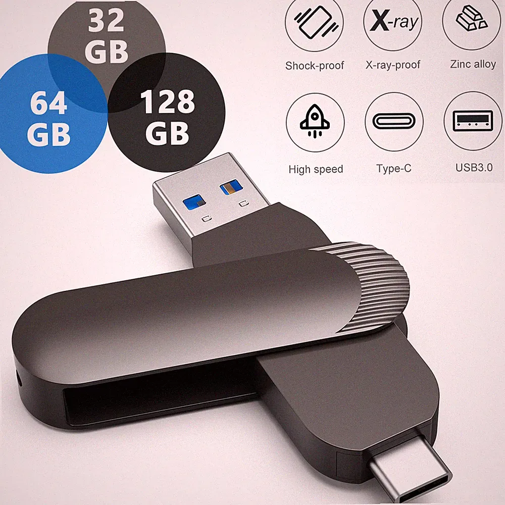 2-in-1 Type C Flash Drive USB 3.0 Dual OTG Metal Rugged Swivel USB Thumb Drives