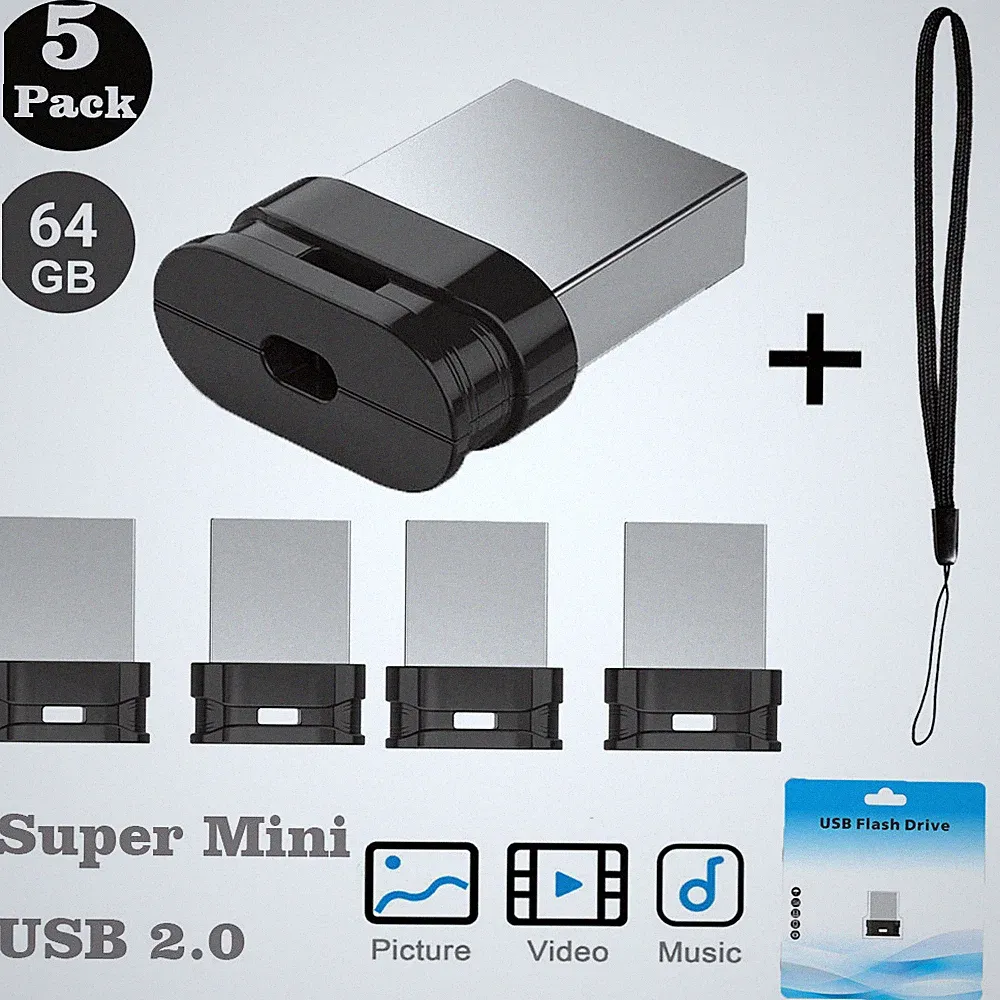 5PCS 64GB Mini USB 2.0 Flash Pen Drive U Disks Memory Stick Drive with Lanyard