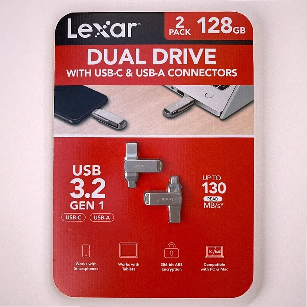 Lexar 128GB 2-in-1 Dual Flash Drive USB-C and USB-A, Mac-Android- PC– 2 PACK