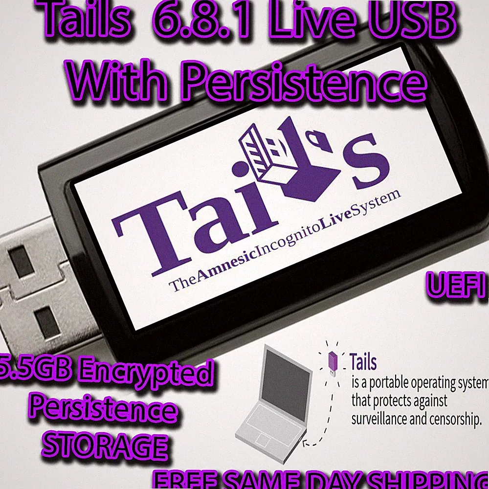 Tails 6.8.1 Bootable LIVE USB Flash Drive | 5.5GB Persistent Storage | Encrypted